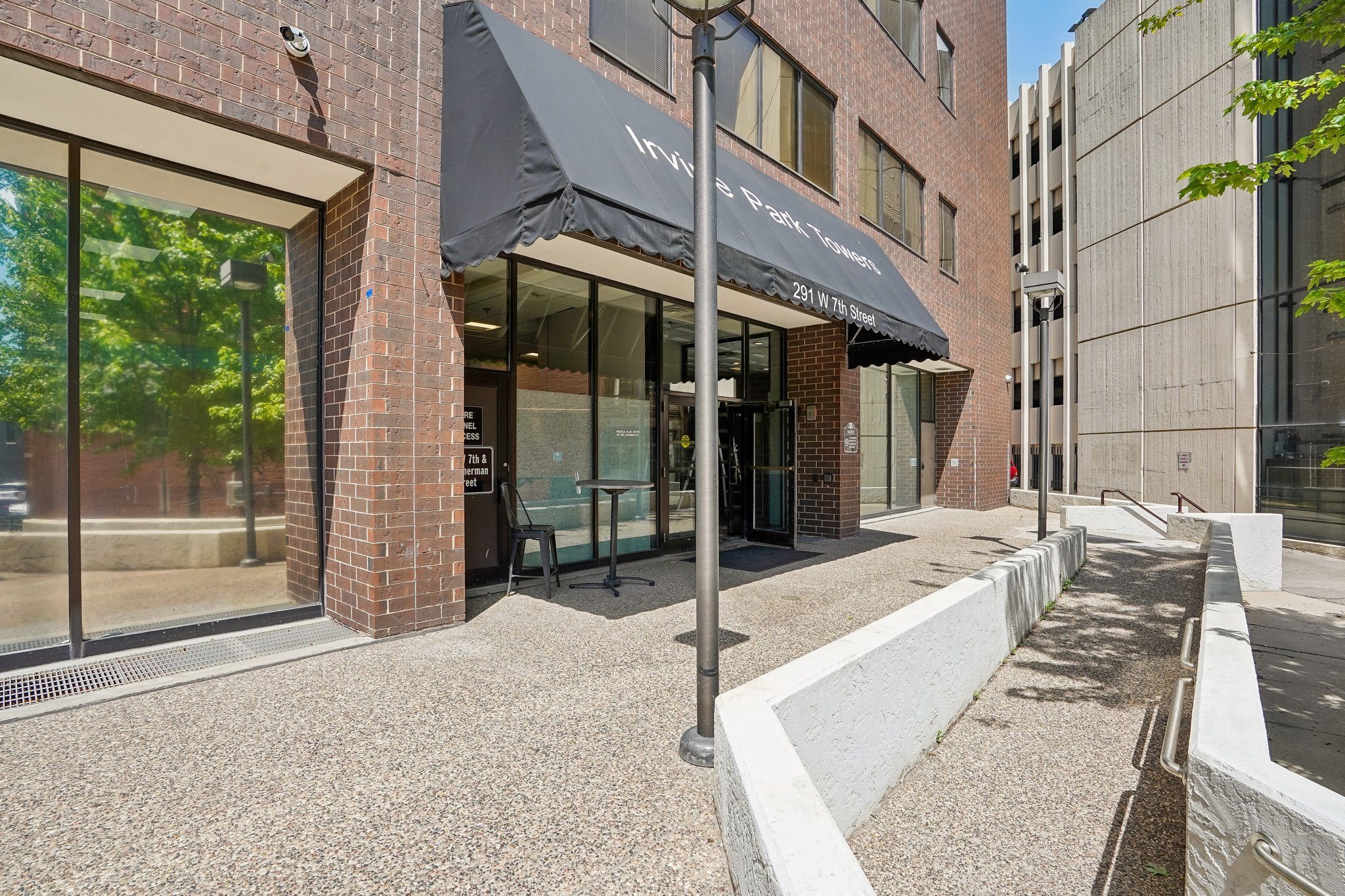 Main entrance to Irvine Park Towers apartments in St. Paul, Minnesota